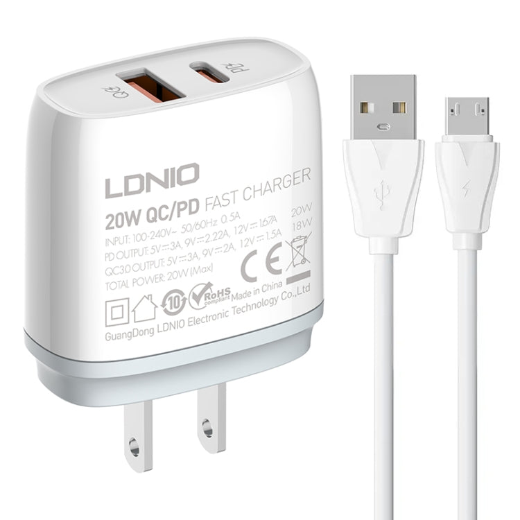 LDNIO Q229 QC3.0 / PD20W USB + Type-C Fast Charger with 1m USB to Micro USB Cable, Plug Type:US Plug(White) - USB Charger by LDNIO | Online Shopping UK | buy2fix