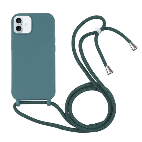 Candy Colors TPU Protective Phone Case with Lanyard For iPhone 16 Plus(Dark Green)