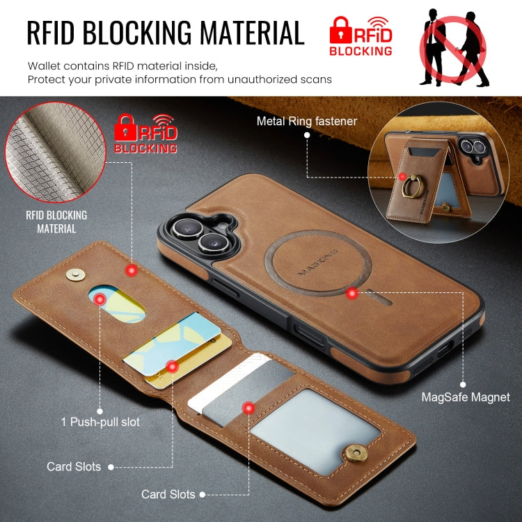 For iPhone 16 MAGKING K1 MagSafe Detachable Wallet RFID Back Cover Phone Case(Brown) - iPhone 16 Cases by MAGKING | Online Shopping UK | buy2fix