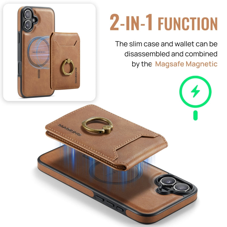 For iPhone 16 MAGKING K1 MagSafe Detachable Wallet RFID Back Cover Phone Case(Brown) - iPhone 16 Cases by MAGKING | Online Shopping UK | buy2fix