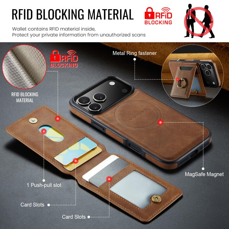 For iPhone 17 Pro Max MAGKING K1 MagSafe Detachable Wallet RFID Back Cover Phone Case(Brown) - iPhone 17 Pro Max Cases by MAGKING | Online Shopping UK | buy2fix