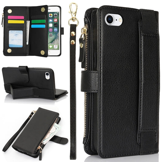 For iPhone SE 2022 / SE 2020 Wristband Holder Zipper Purse RFID Leather Phone Case(Black) - iPhone SE 2022 / 2020 / 8 / 7 Cases by buy2fix | Online Shopping UK | buy2fix