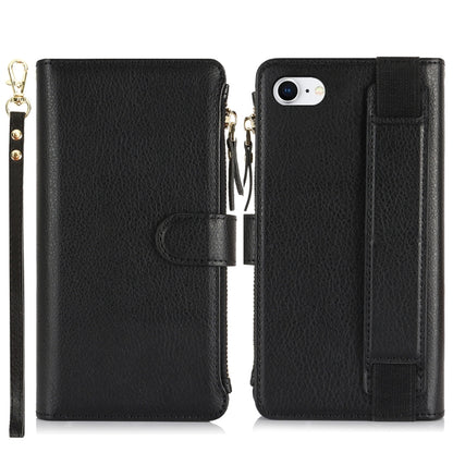 For iPhone SE 2022 / SE 2020 Wristband Holder Zipper Purse RFID Leather Phone Case(Black) - iPhone SE 2022 / 2020 / 8 / 7 Cases by buy2fix | Online Shopping UK | buy2fix
