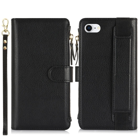 For iPhone SE 2022 / SE 2020 Wristband Holder Zipper Purse RFID Leather Phone Case(Black) - iPhone SE 2022 / 2020 / 8 / 7 Cases by buy2fix | Online Shopping UK | buy2fix