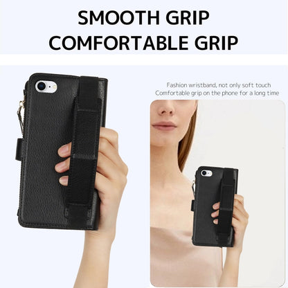 For iPhone SE 2022 / SE 2020 Wristband Holder Zipper Purse RFID Leather Phone Case(Black) - iPhone SE 2022 / 2020 / 8 / 7 Cases by buy2fix | Online Shopping UK | buy2fix