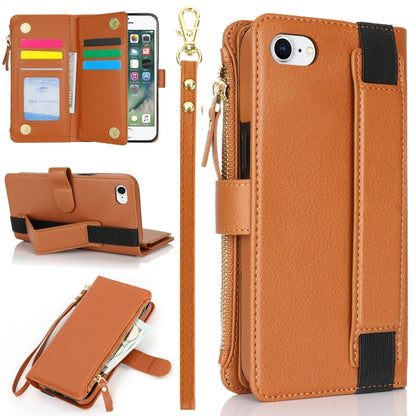 For iPhone SE 2022 / SE 2020 Wristband Holder Zipper Purse RFID Leather Phone Case(Brown) - iPhone SE 2022 / 2020 / 8 / 7 Cases by buy2fix | Online Shopping UK | buy2fix