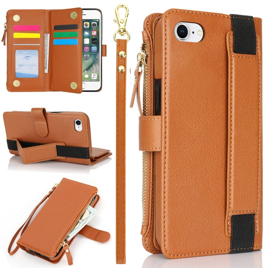 For iPhone SE 2022 / SE 2020 Wristband Holder Zipper Purse RFID Leather Phone Case(Brown) - iPhone SE 2022 / 2020 / 8 / 7 Cases by buy2fix | Online Shopping UK | buy2fix