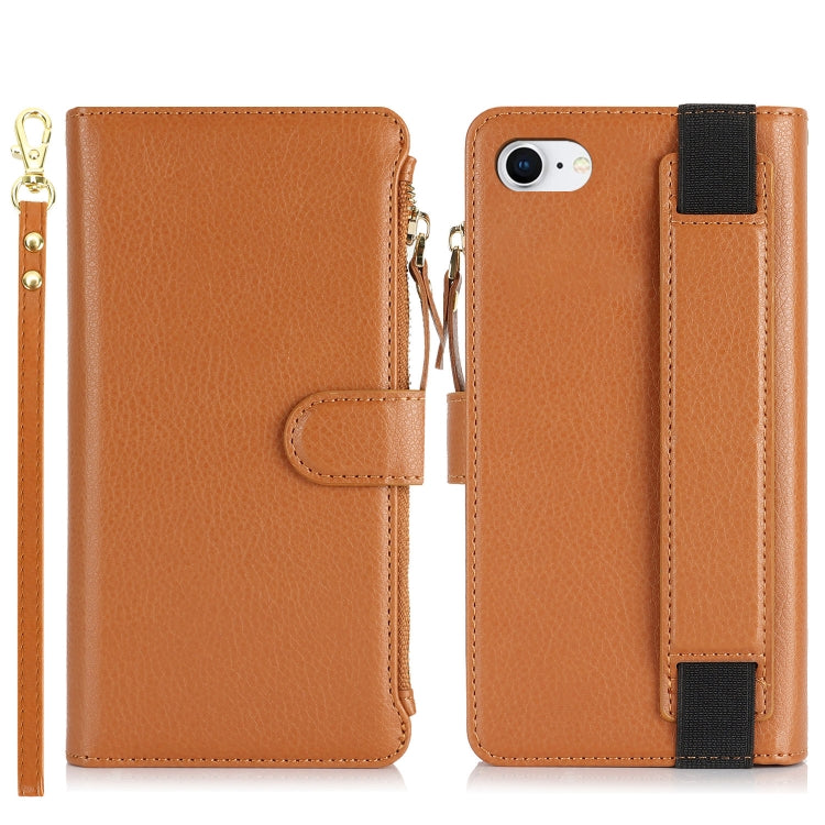 For iPhone SE 2022 / SE 2020 Wristband Holder Zipper Purse RFID Leather Phone Case(Brown) - iPhone SE 2022 / 2020 / 8 / 7 Cases by buy2fix | Online Shopping UK | buy2fix