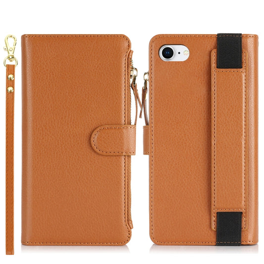 For iPhone SE 2022 / SE 2020 Wristband Holder Zipper Purse RFID Leather Phone Case(Brown) - iPhone SE 2022 / 2020 / 8 / 7 Cases by buy2fix | Online Shopping UK | buy2fix