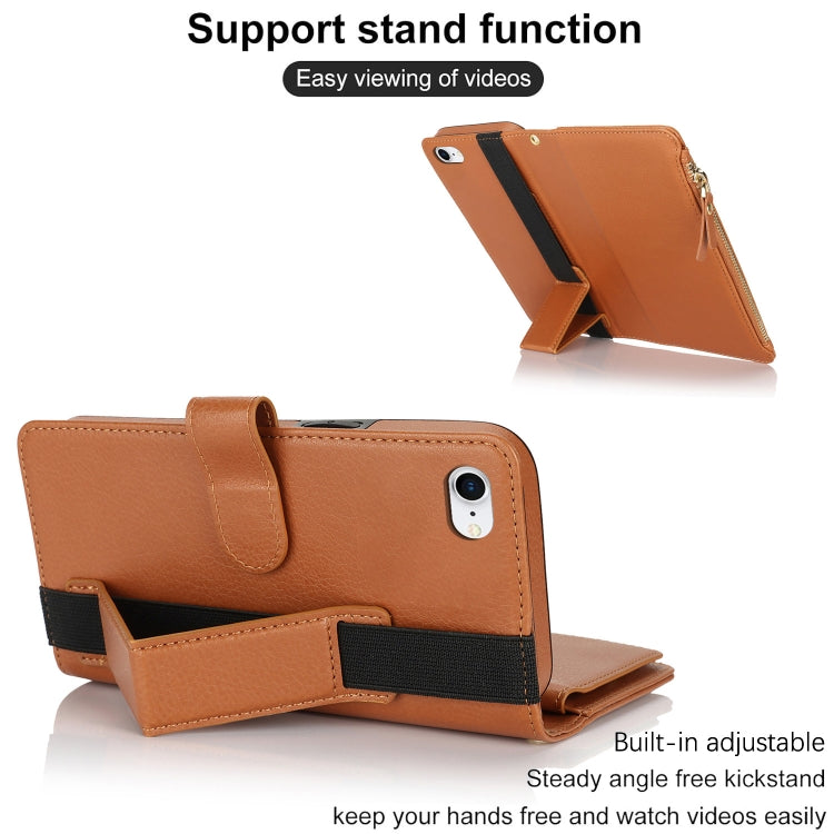 For iPhone SE 2022 / SE 2020 Wristband Holder Zipper Purse RFID Leather Phone Case(Brown) - iPhone SE 2022 / 2020 / 8 / 7 Cases by buy2fix | Online Shopping UK | buy2fix