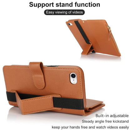 For iPhone SE 2022 / SE 2020 Wristband Holder Zipper Purse RFID Leather Phone Case(Brown) - iPhone SE 2022 / 2020 / 8 / 7 Cases by buy2fix | Online Shopping UK | buy2fix