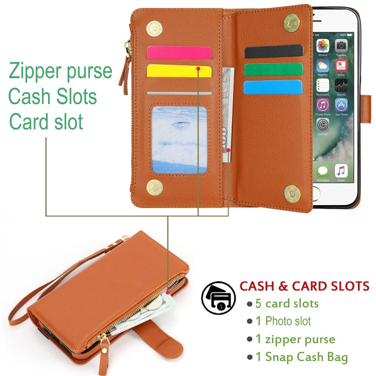 For iPhone SE 2022 / SE 2020 Wristband Holder Zipper Purse RFID Leather Phone Case(Brown) - iPhone SE 2022 / 2020 / 8 / 7 Cases by buy2fix | Online Shopping UK | buy2fix