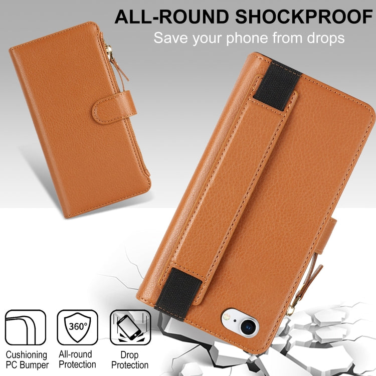 For iPhone SE 2022 / SE 2020 Wristband Holder Zipper Purse RFID Leather Phone Case(Brown) - iPhone SE 2022 / 2020 / 8 / 7 Cases by buy2fix | Online Shopping UK | buy2fix