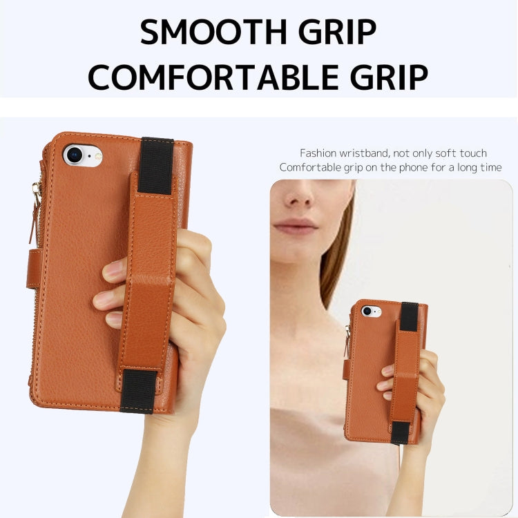For iPhone SE 2022 / SE 2020 Wristband Holder Zipper Purse RFID Leather Phone Case(Brown) - iPhone SE 2022 / 2020 / 8 / 7 Cases by buy2fix | Online Shopping UK | buy2fix