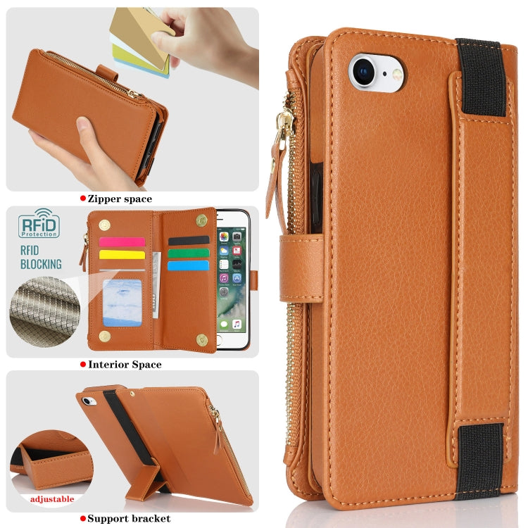 For iPhone SE 2022 / SE 2020 Wristband Holder Zipper Purse RFID Leather Phone Case(Brown) - iPhone SE 2022 / 2020 / 8 / 7 Cases by buy2fix | Online Shopping UK | buy2fix