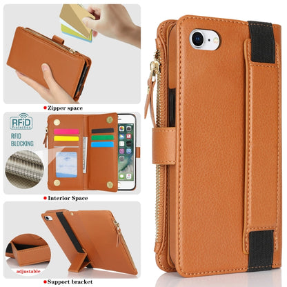 For iPhone SE 2022 / SE 2020 Wristband Holder Zipper Purse RFID Leather Phone Case(Brown) - iPhone SE 2022 / 2020 / 8 / 7 Cases by buy2fix | Online Shopping UK | buy2fix