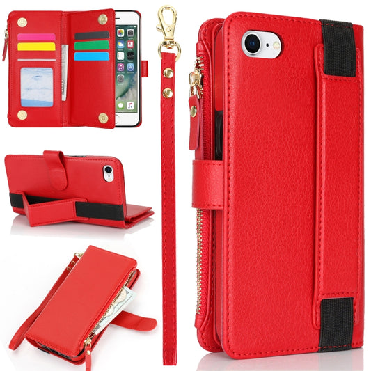For iPhone SE 2022 / SE 2020 Wristband Holder Zipper Purse RFID Leather Phone Case(Red) - iPhone SE 2022 / 2020 / 8 / 7 Cases by buy2fix | Online Shopping UK | buy2fix