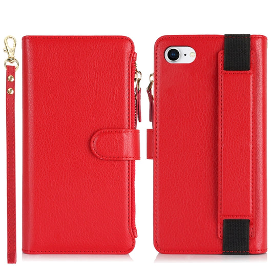 For iPhone SE 2022 / SE 2020 Wristband Holder Zipper Purse RFID Leather Phone Case(Red) - iPhone SE 2022 / 2020 / 8 / 7 Cases by buy2fix | Online Shopping UK | buy2fix