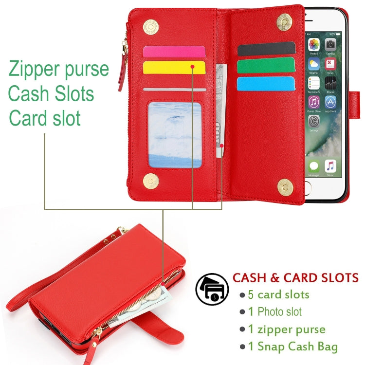 For iPhone SE 2022 / SE 2020 Wristband Holder Zipper Purse RFID Leather Phone Case(Red) - iPhone SE 2022 / 2020 / 8 / 7 Cases by buy2fix | Online Shopping UK | buy2fix
