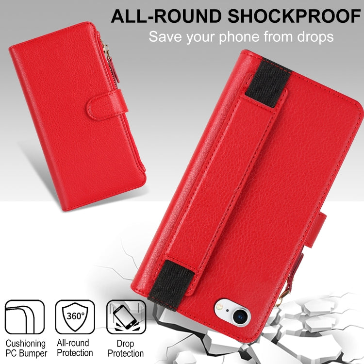 For iPhone SE 2022 / SE 2020 Wristband Holder Zipper Purse RFID Leather Phone Case(Red) - iPhone SE 2022 / 2020 / 8 / 7 Cases by buy2fix | Online Shopping UK | buy2fix
