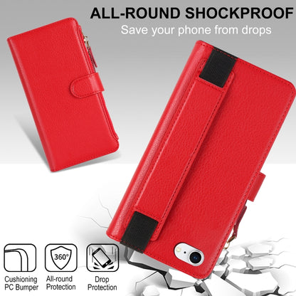 For iPhone SE 2022 / SE 2020 Wristband Holder Zipper Purse RFID Leather Phone Case(Red) - iPhone SE 2022 / 2020 / 8 / 7 Cases by buy2fix | Online Shopping UK | buy2fix