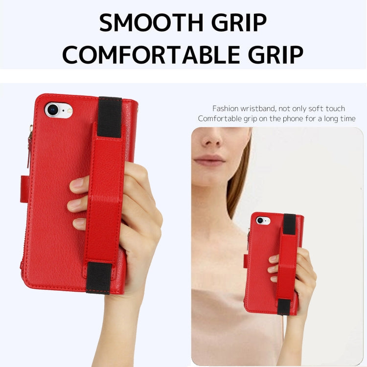 For iPhone SE 2022 / SE 2020 Wristband Holder Zipper Purse RFID Leather Phone Case(Red) - iPhone SE 2022 / 2020 / 8 / 7 Cases by buy2fix | Online Shopping UK | buy2fix
