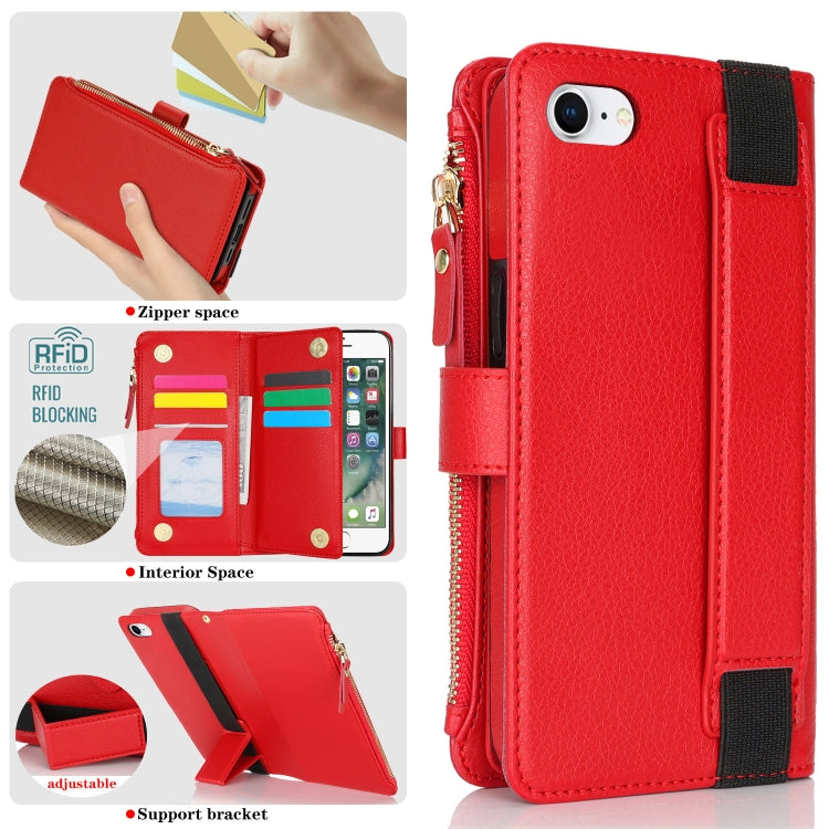For iPhone SE 2022 / SE 2020 Wristband Holder Zipper Purse RFID Leather Phone Case(Red) - iPhone SE 2022 / 2020 / 8 / 7 Cases by buy2fix | Online Shopping UK | buy2fix