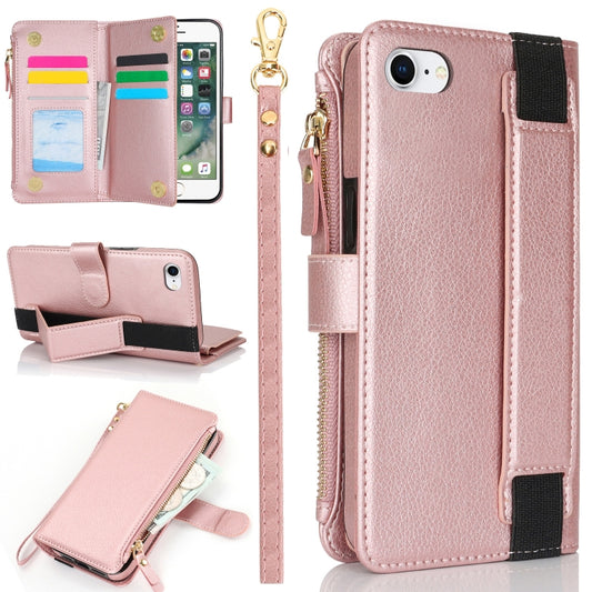 For iPhone SE 2022 / SE 2020 Wristband Holder Zipper Purse RFID Leather Phone Case(Rose Gold) - iPhone SE 2022 / 2020 / 8 / 7 Cases by buy2fix | Online Shopping UK | buy2fix