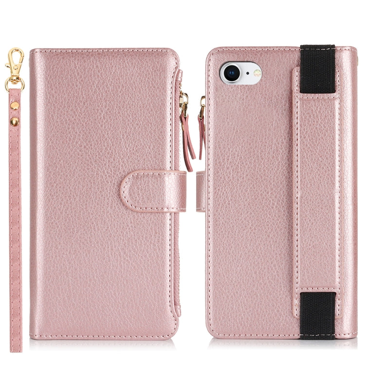 For iPhone SE 2022 / SE 2020 Wristband Holder Zipper Purse RFID Leather Phone Case(Rose Gold) - iPhone SE 2022 / 2020 / 8 / 7 Cases by buy2fix | Online Shopping UK | buy2fix
