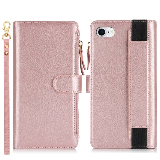 For iPhone SE 2022 / SE 2020 Wristband Holder Zipper Purse RFID Leather Phone Case(Rose Gold) - iPhone SE 2022 / 2020 / 8 / 7 Cases by buy2fix | Online Shopping UK | buy2fix
