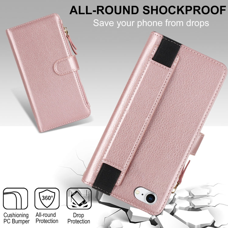 For iPhone SE 2022 / SE 2020 Wristband Holder Zipper Purse RFID Leather Phone Case(Rose Gold) - iPhone SE 2022 / 2020 / 8 / 7 Cases by buy2fix | Online Shopping UK | buy2fix