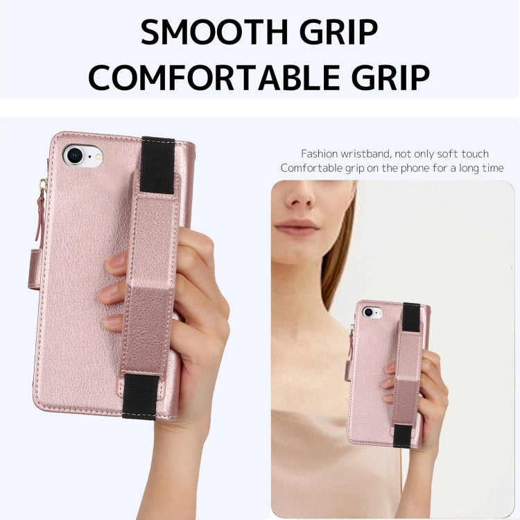 For iPhone SE 2022 / SE 2020 Wristband Holder Zipper Purse RFID Leather Phone Case(Rose Gold) - iPhone SE 2022 / 2020 / 8 / 7 Cases by buy2fix | Online Shopping UK | buy2fix