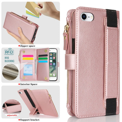 For iPhone SE 2022 / SE 2020 Wristband Holder Zipper Purse RFID Leather Phone Case(Rose Gold) - iPhone SE 2022 / 2020 / 8 / 7 Cases by buy2fix | Online Shopping UK | buy2fix