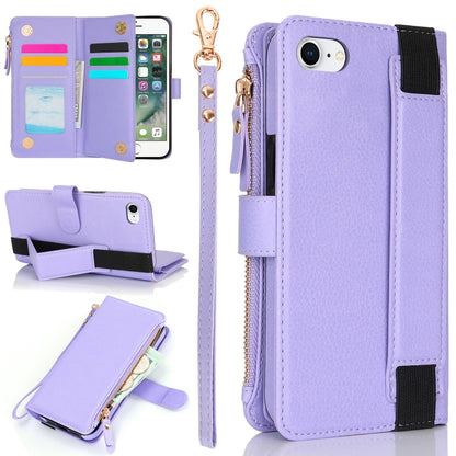 For iPhone SE 2022 / SE 2020 Wristband Holder Zipper Purse RFID Leather Phone Case(Purple) - iPhone SE 2022 / 2020 / 8 / 7 Cases by buy2fix | Online Shopping UK | buy2fix