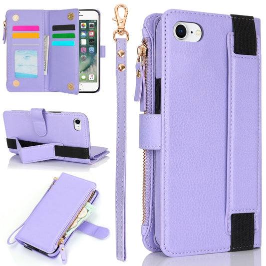 For iPhone SE 2022 / SE 2020 Wristband Holder Zipper Purse RFID Leather Phone Case(Purple) - iPhone SE 2022 / 2020 / 8 / 7 Cases by buy2fix | Online Shopping UK | buy2fix