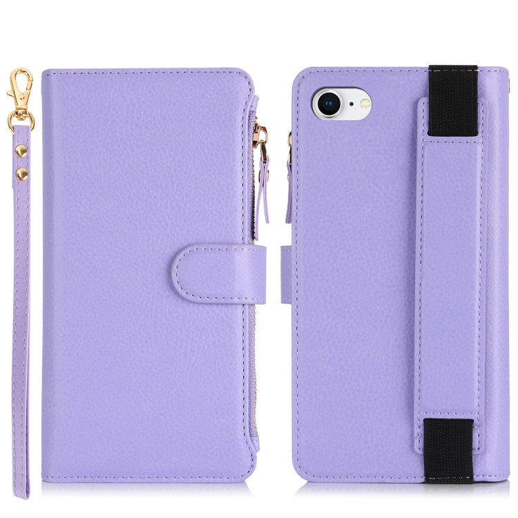 For iPhone SE 2022 / SE 2020 Wristband Holder Zipper Purse RFID Leather Phone Case(Purple) - iPhone SE 2022 / 2020 / 8 / 7 Cases by buy2fix | Online Shopping UK | buy2fix