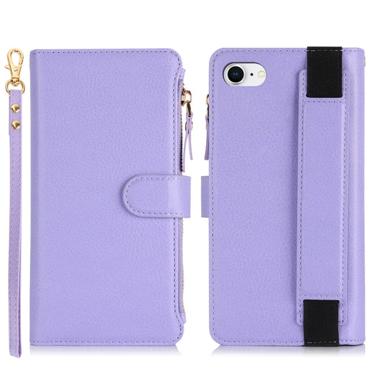 For iPhone SE 2022 / SE 2020 Wristband Holder Zipper Purse RFID Leather Phone Case(Purple) - iPhone SE 2022 / 2020 / 8 / 7 Cases by buy2fix | Online Shopping UK | buy2fix