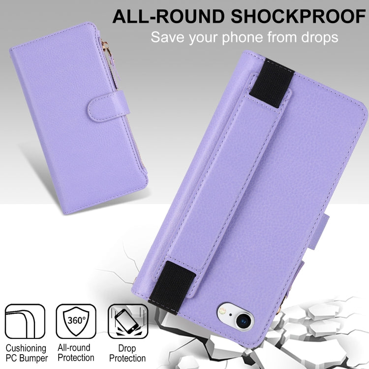 For iPhone SE 2022 / SE 2020 Wristband Holder Zipper Purse RFID Leather Phone Case(Purple) - iPhone SE 2022 / 2020 / 8 / 7 Cases by buy2fix | Online Shopping UK | buy2fix