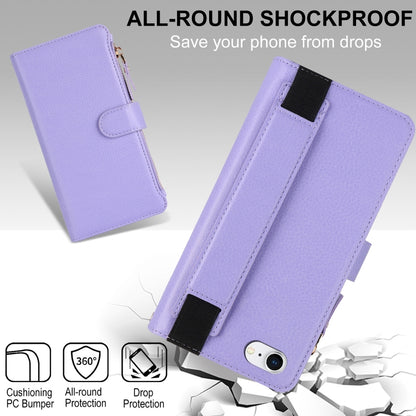 For iPhone SE 2022 / SE 2020 Wristband Holder Zipper Purse RFID Leather Phone Case(Purple) - iPhone SE 2022 / 2020 / 8 / 7 Cases by buy2fix | Online Shopping UK | buy2fix