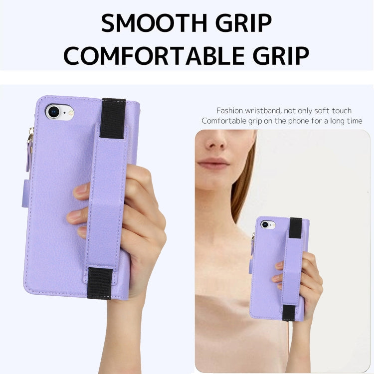 For iPhone SE 2022 / SE 2020 Wristband Holder Zipper Purse RFID Leather Phone Case(Purple) - iPhone SE 2022 / 2020 / 8 / 7 Cases by buy2fix | Online Shopping UK | buy2fix