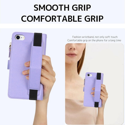 For iPhone SE 2022 / SE 2020 Wristband Holder Zipper Purse RFID Leather Phone Case(Purple) - iPhone SE 2022 / 2020 / 8 / 7 Cases by buy2fix | Online Shopping UK | buy2fix