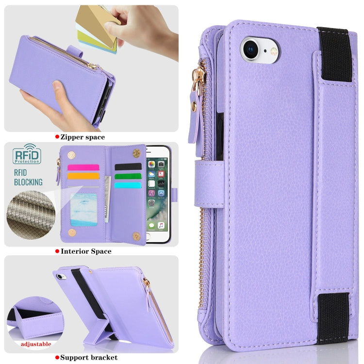For iPhone SE 2022 / SE 2020 Wristband Holder Zipper Purse RFID Leather Phone Case(Purple) - iPhone SE 2022 / 2020 / 8 / 7 Cases by buy2fix | Online Shopping UK | buy2fix