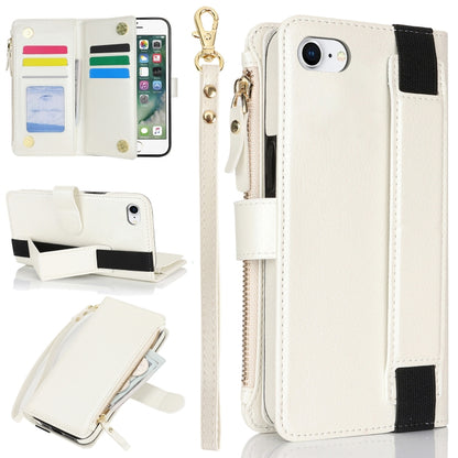 For iPhone SE 2022 / SE 2020 Wristband Holder Zipper Purse RFID Leather Phone Case(White) - iPhone SE 2022 / 2020 / 8 / 7 Cases by buy2fix | Online Shopping UK | buy2fix