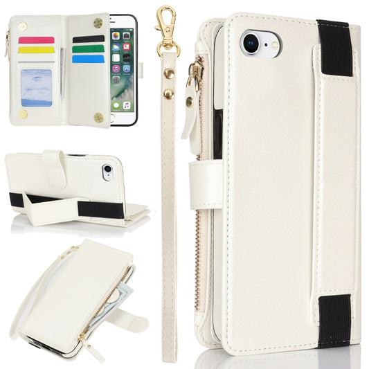 For iPhone SE 2022 / SE 2020 Wristband Holder Zipper Purse RFID Leather Phone Case(White) - iPhone SE 2022 / 2020 / 8 / 7 Cases by buy2fix | Online Shopping UK | buy2fix
