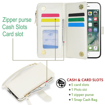 For iPhone SE 2022 / SE 2020 Wristband Holder Zipper Purse RFID Leather Phone Case(White) - iPhone SE 2022 / 2020 / 8 / 7 Cases by buy2fix | Online Shopping UK | buy2fix