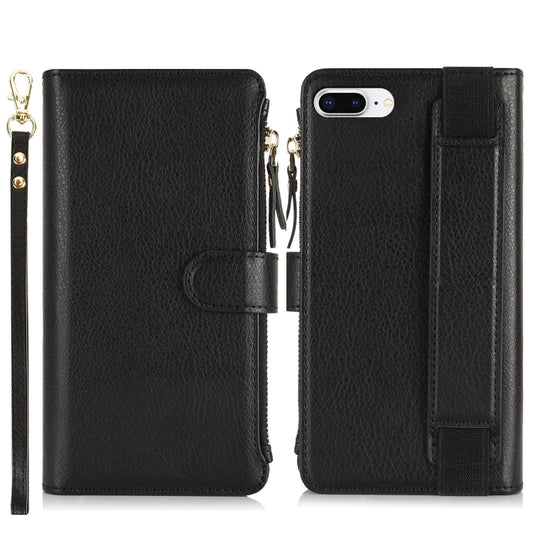 For iPhone 8 Plus / 7 Plus Wristband Holder Zipper Purse RFID Leather Phone Case(Black) - More iPhone Cases by buy2fix | Online Shopping UK | buy2fix