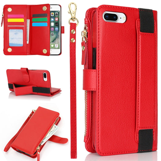 For iPhone 8 Plus / 7 Plus Wristband Holder Zipper Purse RFID Leather Phone Case(Red) - More iPhone Cases by buy2fix | Online Shopping UK | buy2fix