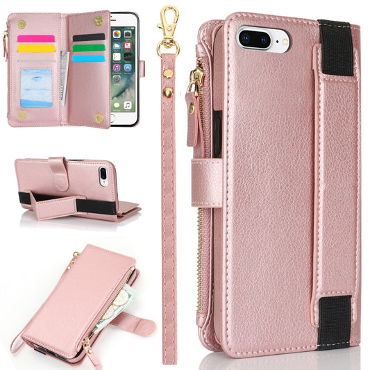 For iPhone 8 Plus / 7 Plus Wristband Holder Zipper Purse RFID Leather Phone Case(Rose Gold) - More iPhone Cases by buy2fix | Online Shopping UK | buy2fix
