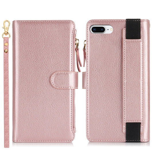For iPhone 8 Plus / 7 Plus Wristband Holder Zipper Purse RFID Leather Phone Case(Rose Gold) - More iPhone Cases by buy2fix | Online Shopping UK | buy2fix