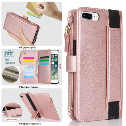 For iPhone 8 Plus / 7 Plus Wristband Holder Zipper Purse RFID Leather Phone Case(Rose Gold) - More iPhone Cases by buy2fix | Online Shopping UK | buy2fix